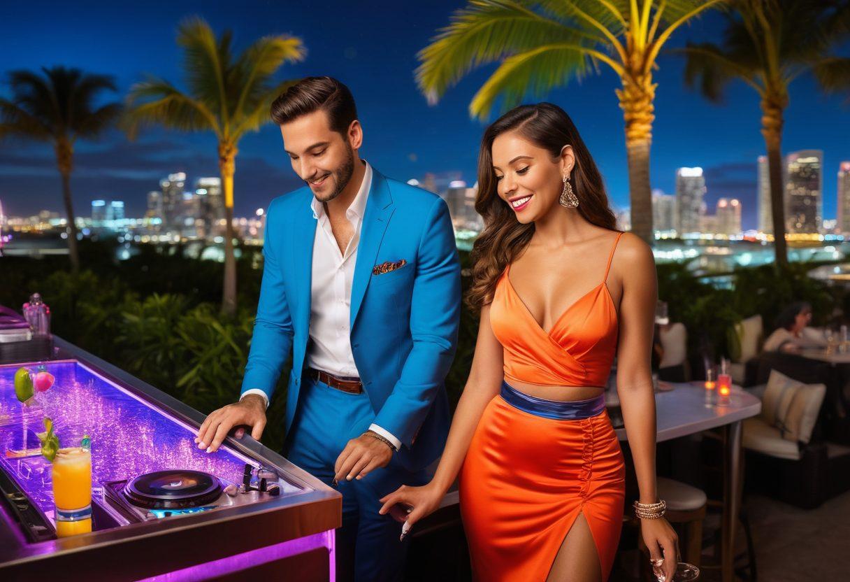 A lively Miami nightlife scene showcasing an upscale rooftop bar with alluring city views, surrounded by elegantly dressed couples enjoying cocktails. Neon lights and palm trees set the mood, while a DJ spins trendy beats in the background. The atmosphere exudes sensuality and excitement, highlighting a blend of culture and entertainment. vibrant colors. super-realistic.