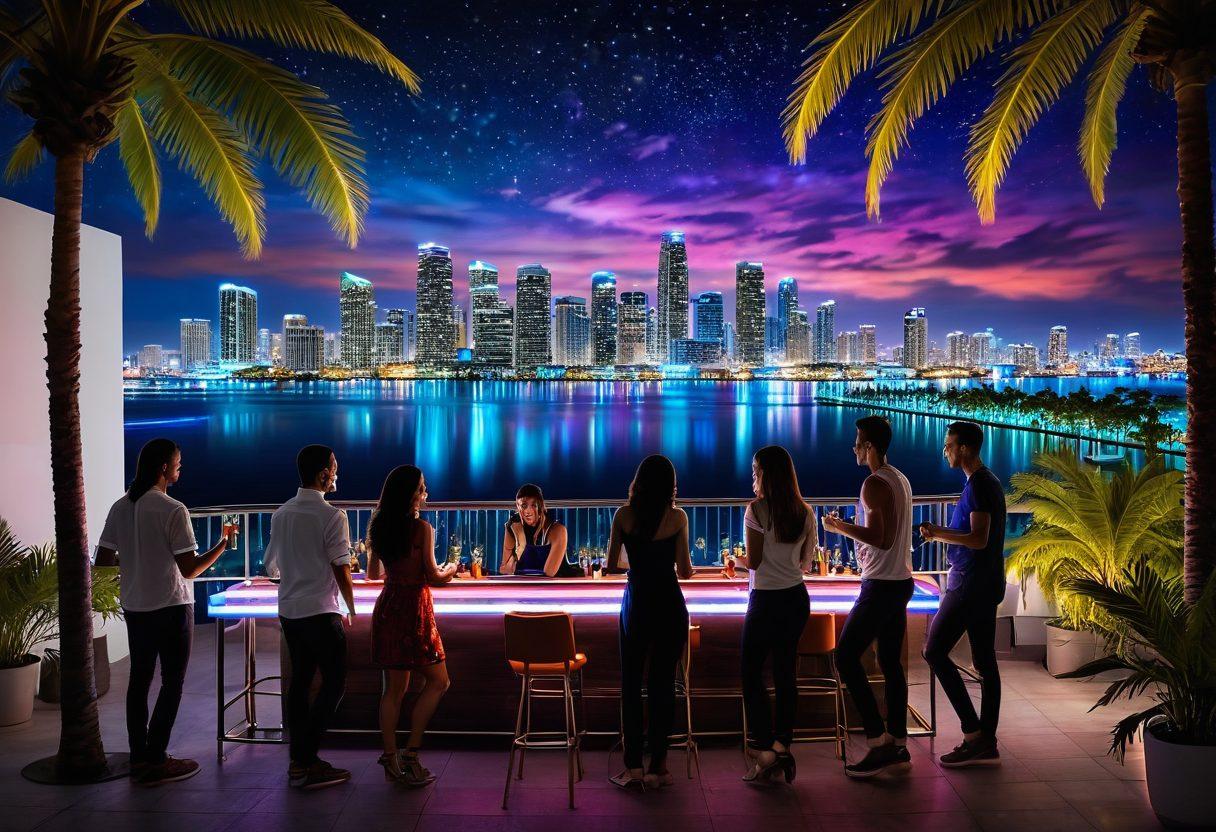 A vibrant Miami skyline at night, showcasing neon lights and colorful nightlife. A group of diverse friends enjoying drinks at a rooftop bar with music notes and dance vibes in the air. Constellations of stars above with palm trees swaying gently. A blend of energy and excitement captured in the scene. super-realistic. vibrant colors. 3D.