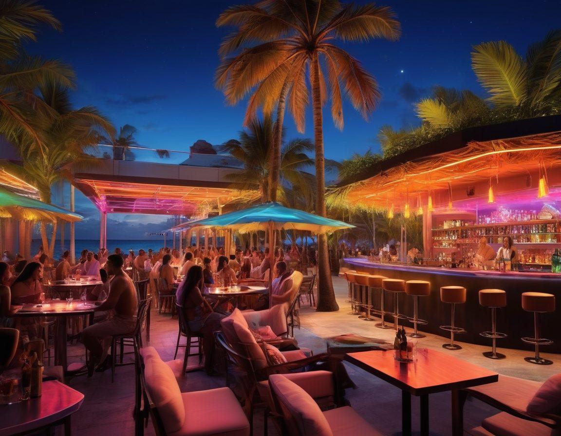 A vibrant Miami nightlife scene featuring colorful neon lights, lively partygoers dancing under a starlit sky, and an upscale rooftop bar with exotic cocktails. Include palm trees swaying in the tropical breeze and a hint of ocean waves in the background for an immersive atmosphere. Capture the essence of adult fun and provocative parties with an energetic vibe. super-realistic. vibrant colors. night scene.